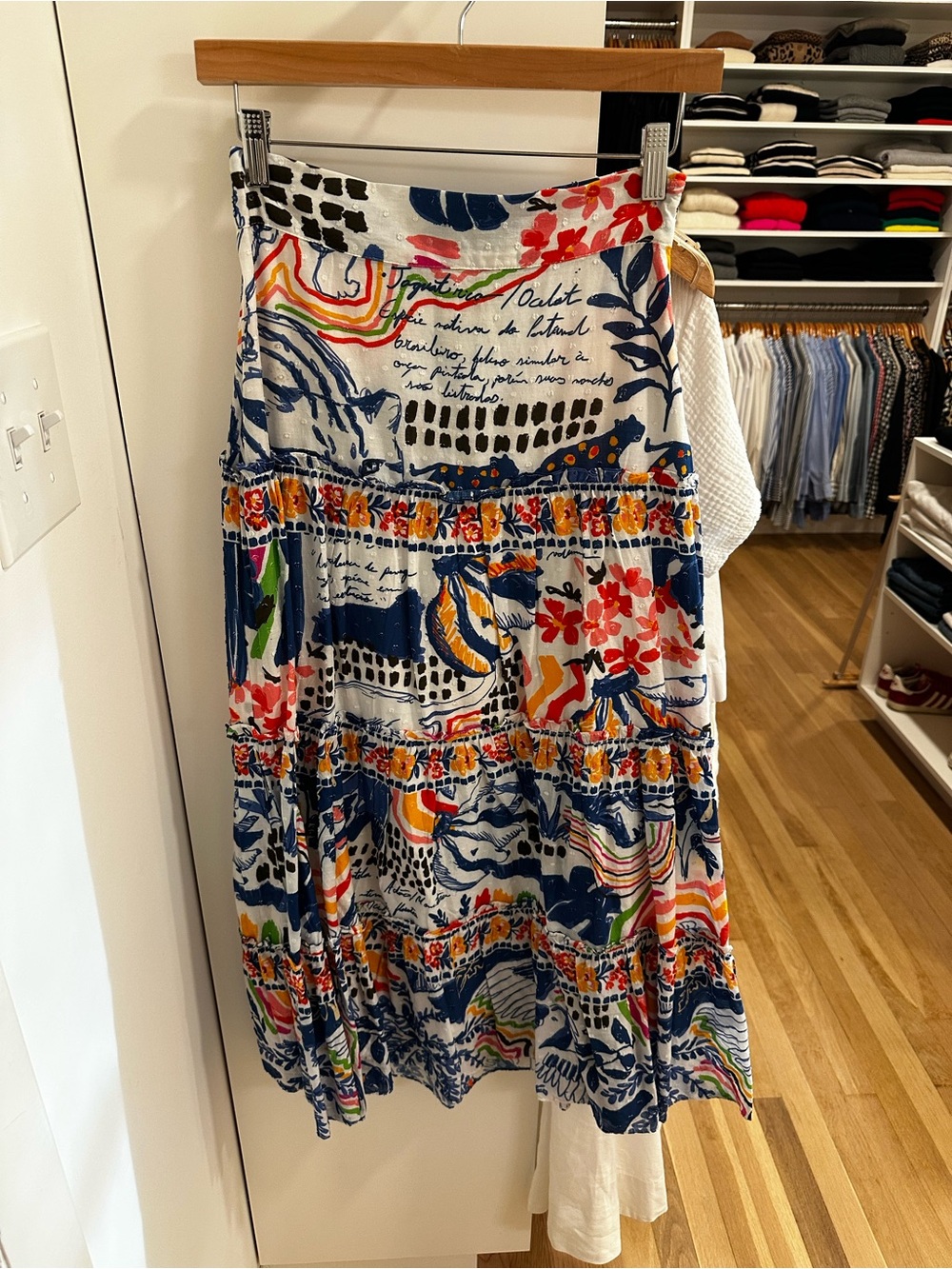 FARM Rio White Tiered Maxi Skirt with Navy, Red, Orange & Green Print